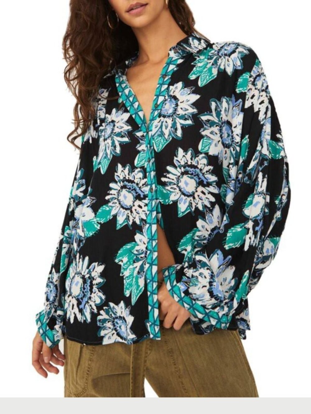 Free People Black Floral Boho Tunic Top Sz XL Long Sleeve V-Neck Button Peasant